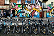 Půjčovna kol, graffitti, dům, zeď, umění, cyklistika